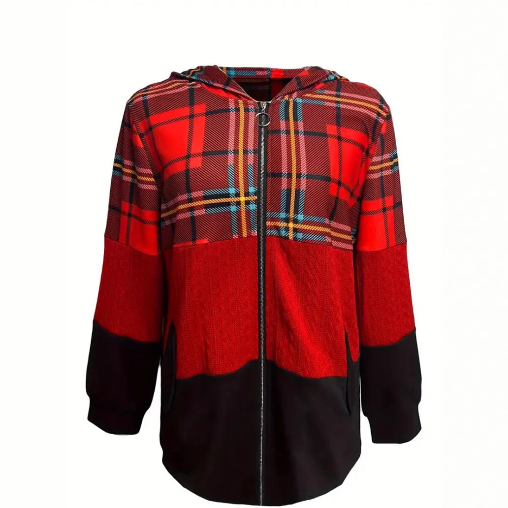 Damen nan lange Kapuzenjacke im Patchwork-Stil mit Karo‑ und Strickeinsätzen, Frontreißverschluss und Eingrifftaschen R&B