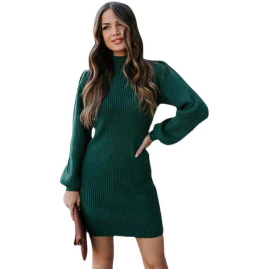 Damen Strickkleid mit hohem Kragen und Puffärmeln R&B