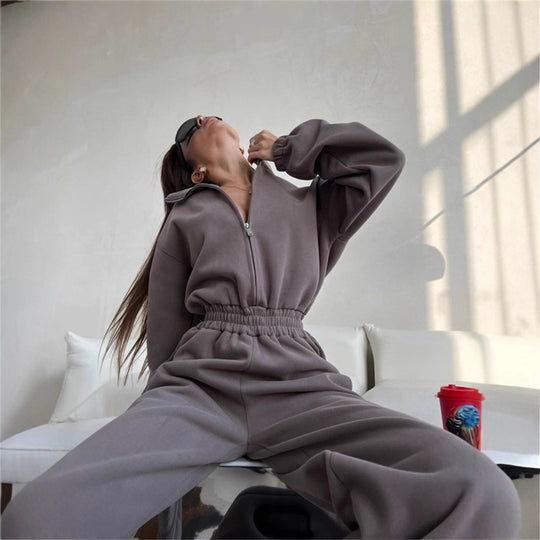 Damen sportlicher Fleece-Loungewear-Anzug mit hohem Kragen und elastischem Bund R&B