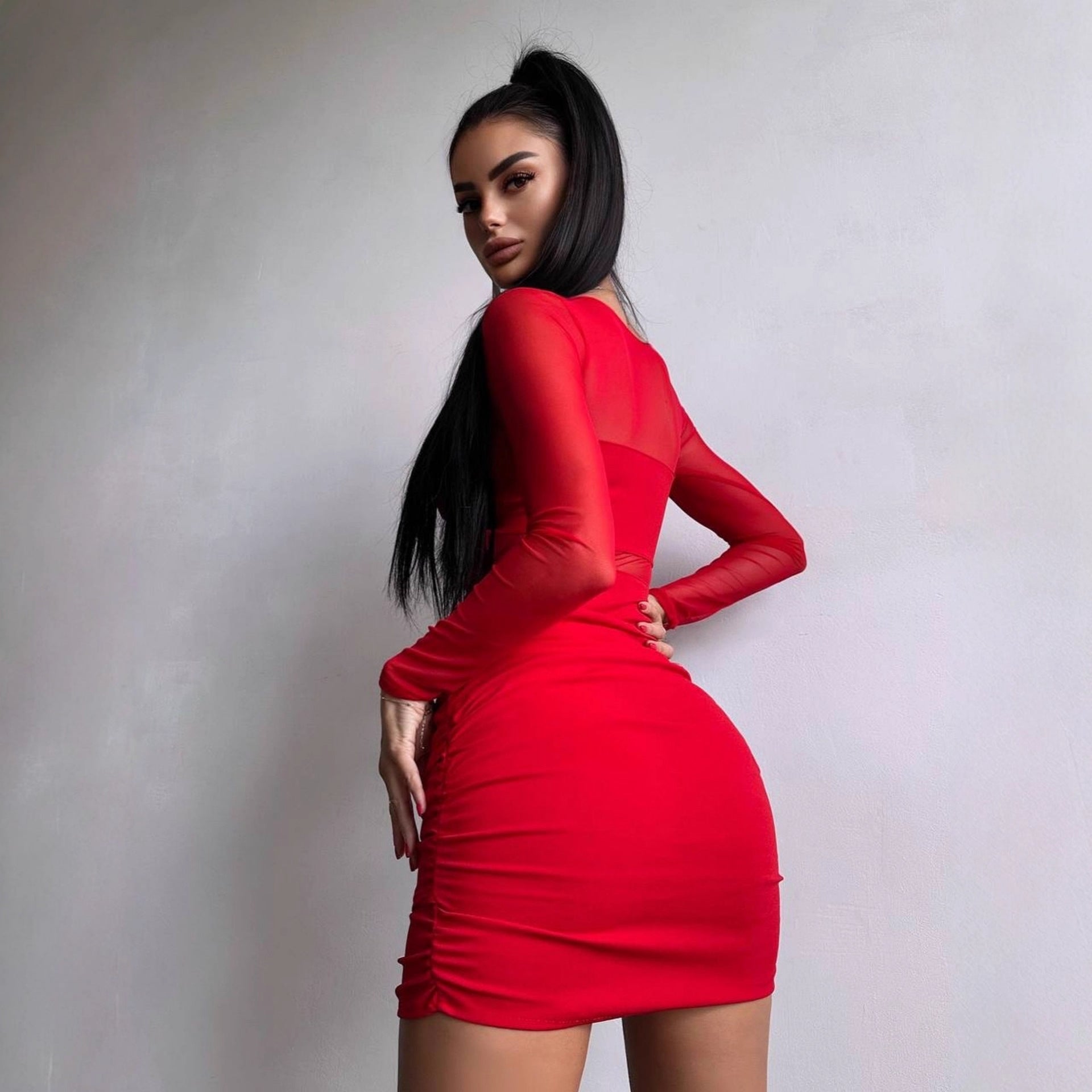 Damen figurbetontes Kleid mit langem Arm und raffiniertem Verknotungsdetail R&B