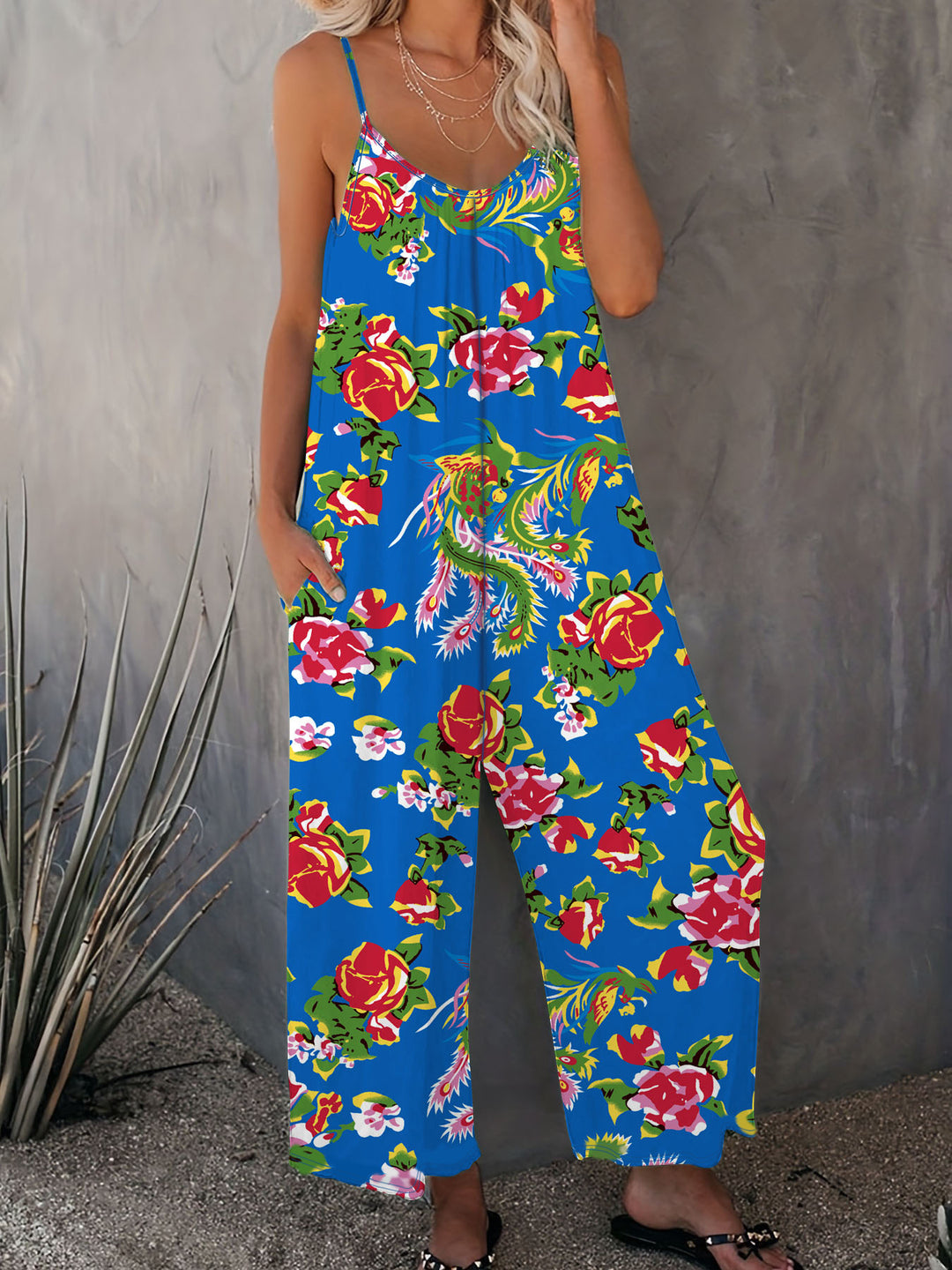 Damen Luftiger Jumpsuit mit floralem Design und verstellbaren Trägern R&B