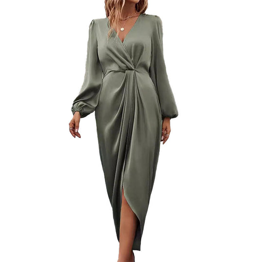 Damen Elegantes Maxikleid mit Tiefem V-Ausschnitt und Ballonärmeln R&B