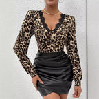 Damen nan taillierter Langarm-Body mit Spitzen-V-Ausschnitt und Leopardenmuster R&B
