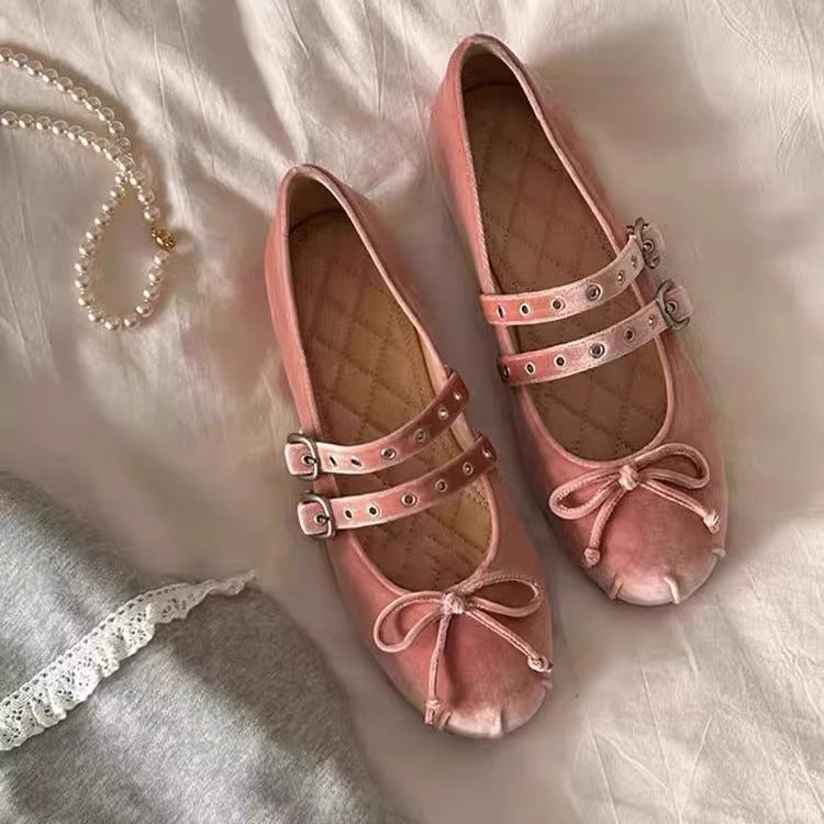 Damen Ballerina-Schuhe mit dekorativer Schleifenapplikation und doppeltem Riemendesign R&B