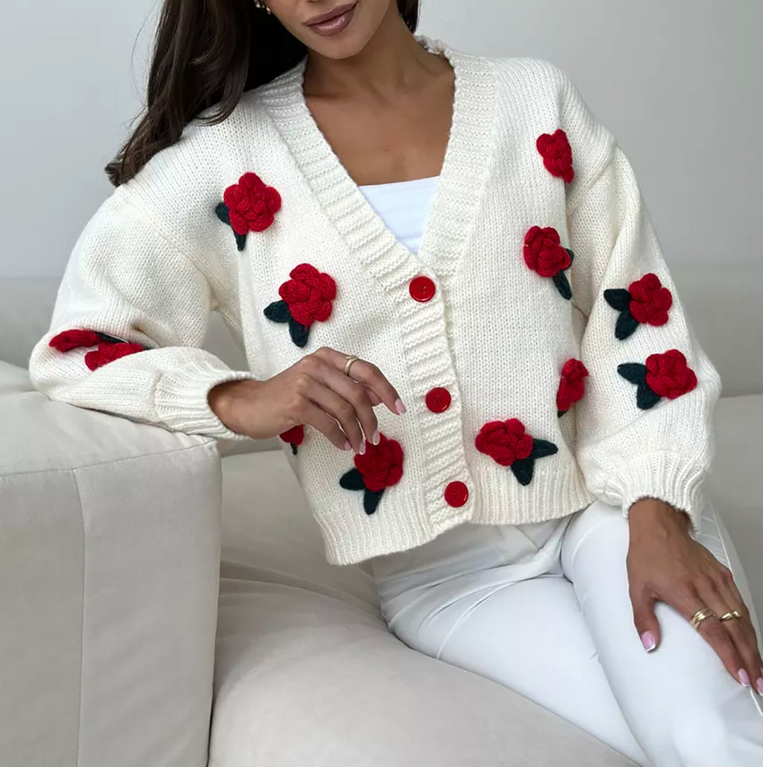 Damen Strickjacke mit floralen Applikationen und voluminösen Ärmeln R&B