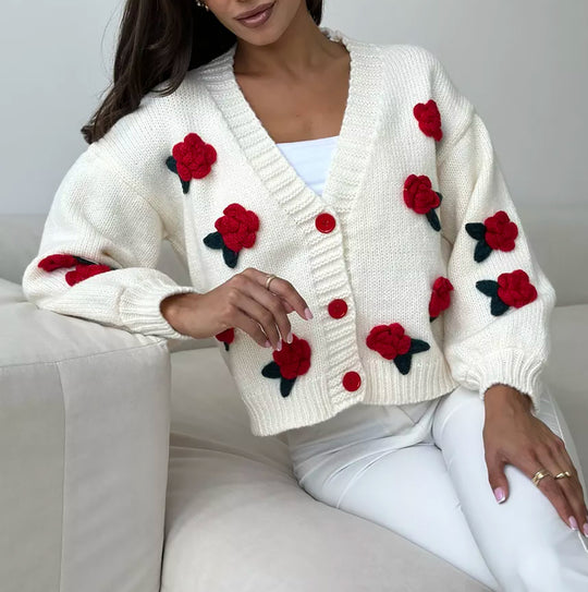 Damen Strickjacke mit floralen Applikationen und voluminösen Ärmeln R&B