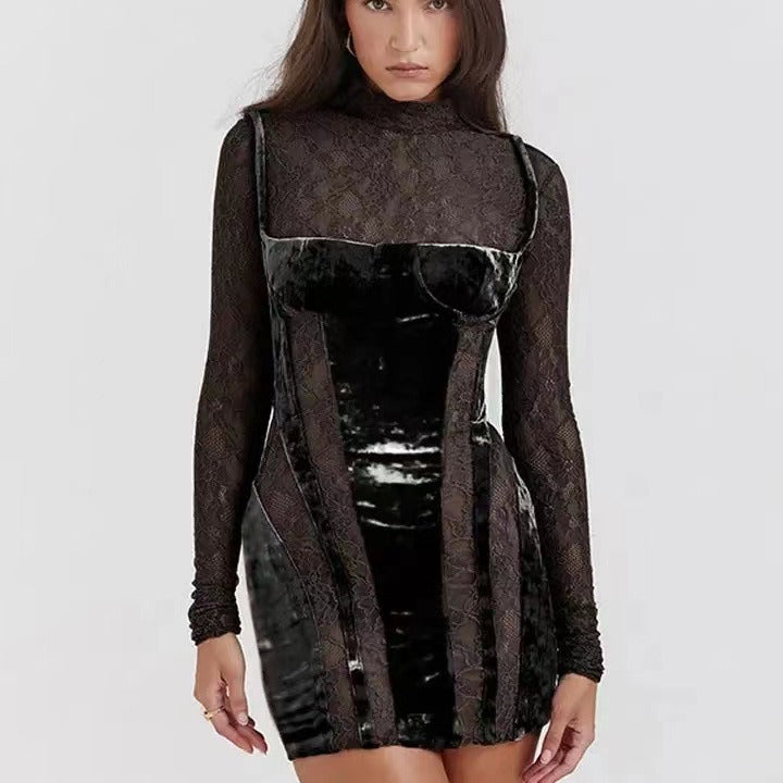Damen Elegantes Spitzenkleid mit verführerischem V-Ausschnitt und langem Arm R&B