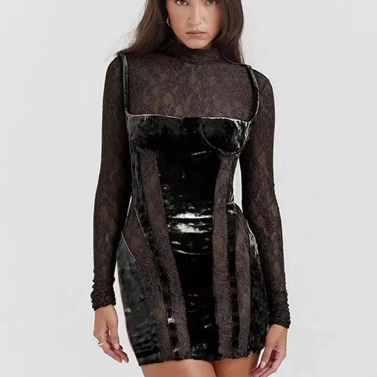 Damen Elegantes Spitzenkleid mit verführerischem V-Ausschnitt und langem Arm R&B