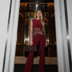 Damen Eleganter Jumpsuit mit transparenten Einsätzen und weitem Bein R&B