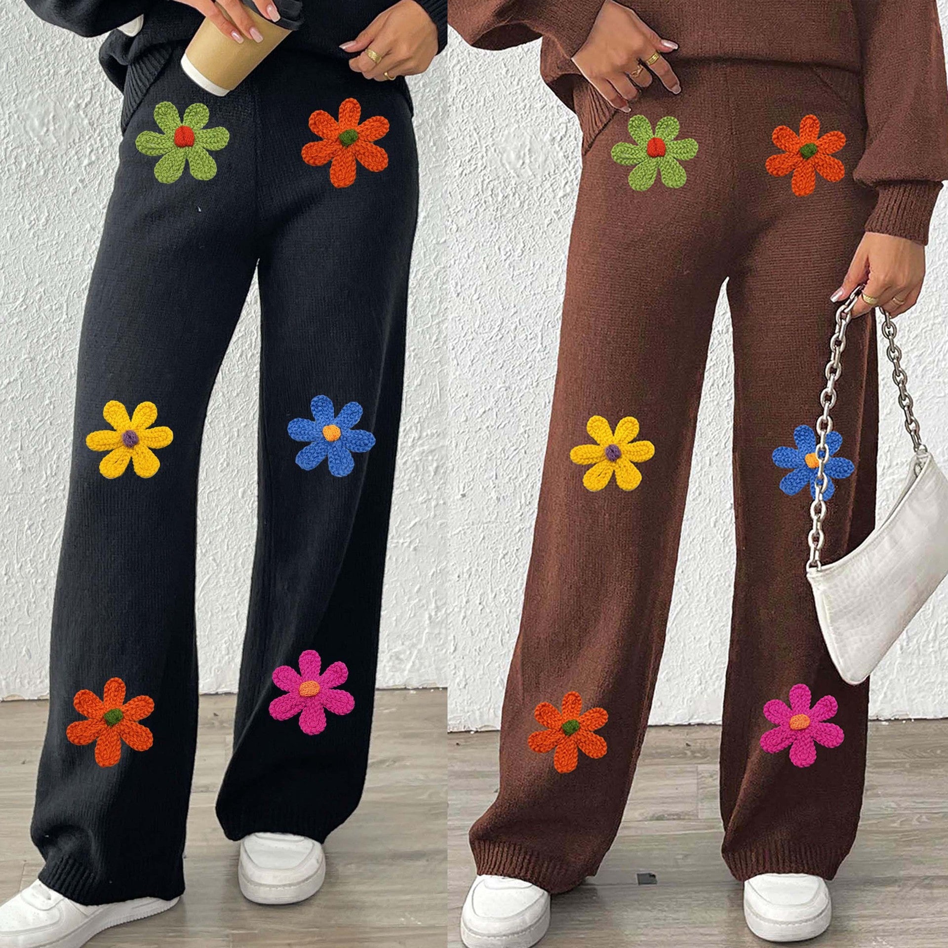 Damen lässige Strickhose mit bunten Blumenapplikationen R&B