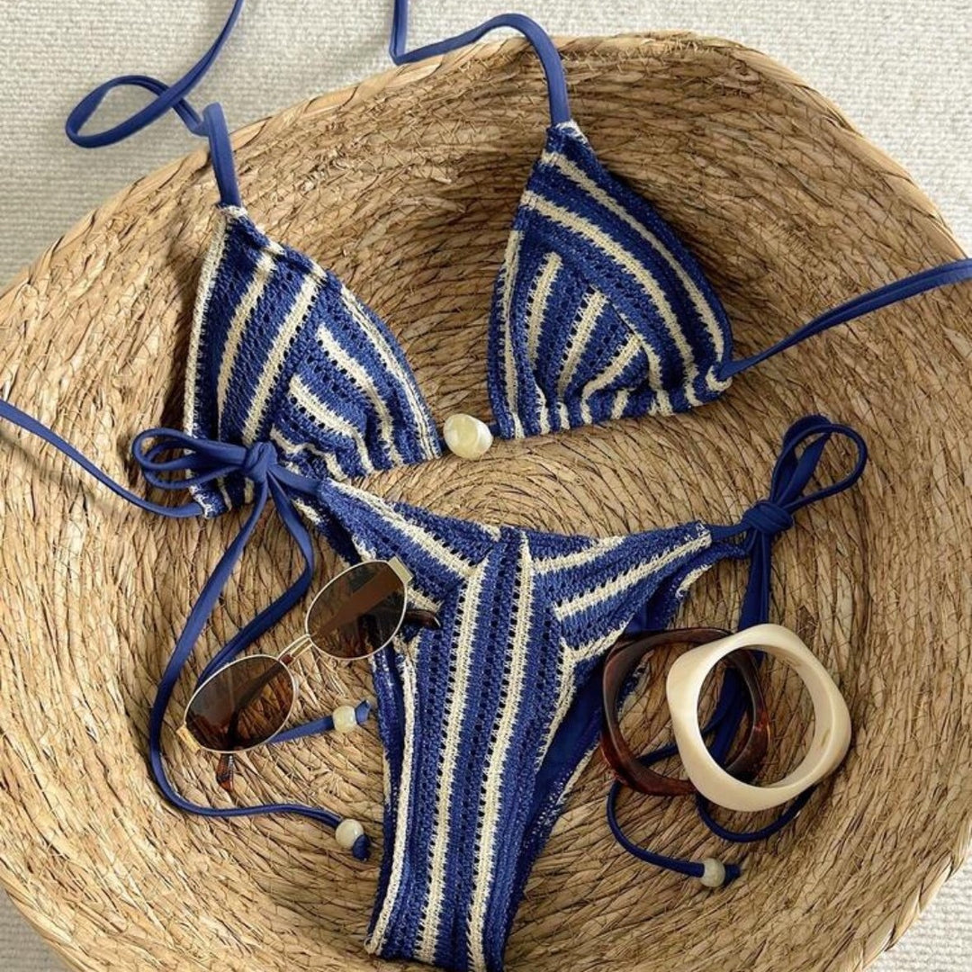 Damen Handgehäkelter Bikini mit maritimem Streifenmuster R&B