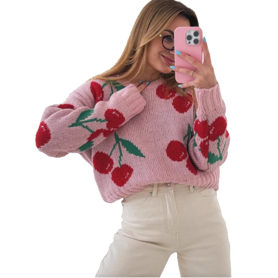 Damen lässiger Pullover mit fruchtigem Kirschmuster und weichem Strick