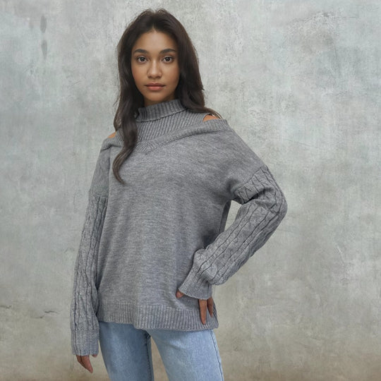 Damen Pullover mit schulterfreiem Design und strukturierten Ärmeln R&B
