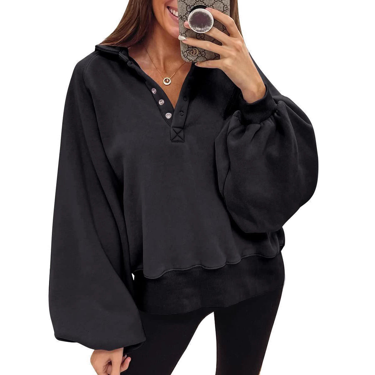Damen oversized Pullover mit Puffärmeln und Knopfdetails R&B