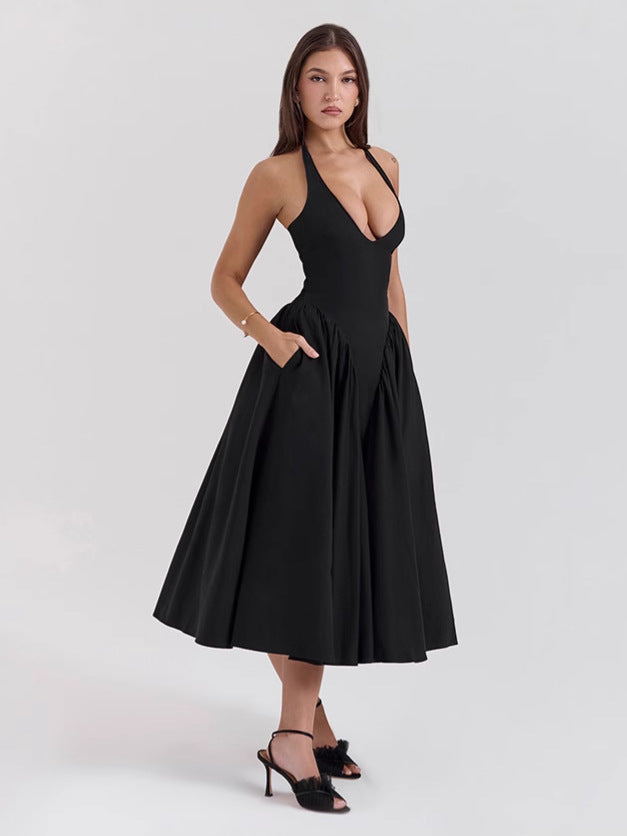 Damen Maxikleid mit elegantem Halterneck und voluminösem Rock Heidi-Mode