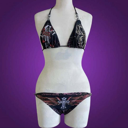 Damen Bikini-Set mit einzigartigem Druck und schimmernden Applikationen R&B