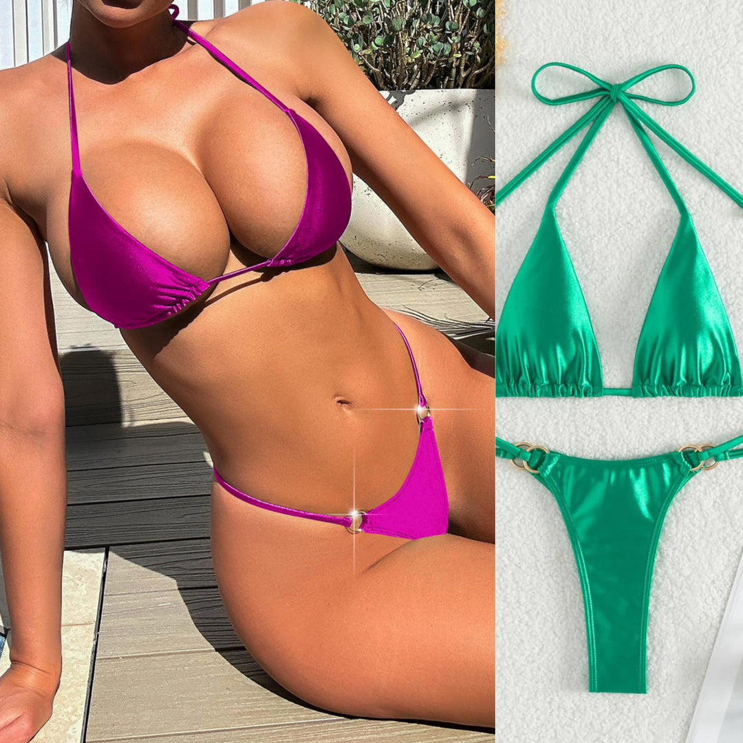 Damen Triangel-Bikini mit eleganten Bindebändern und modischen Goldakzenten R&B