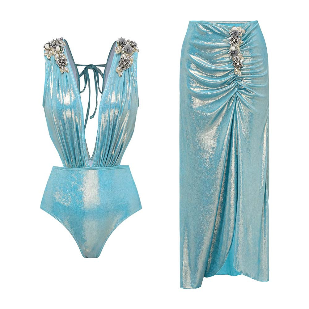 Damen Badeanzug mit off-shoulder Design und elegantem Rock R&B