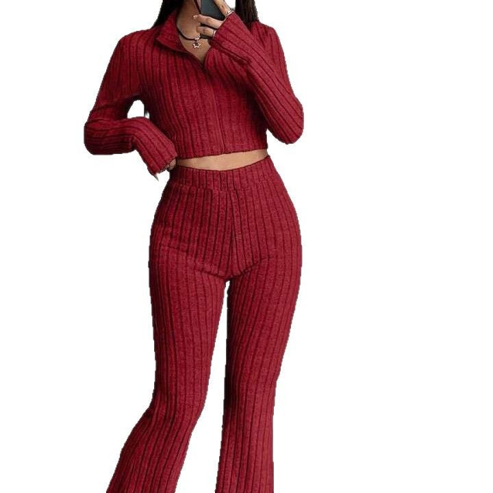Damen Modisches Strick-Set mit cropped Oberteil und weitem Hosen