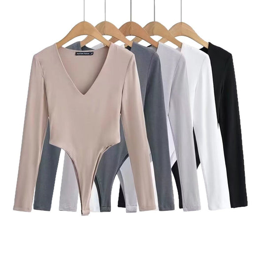 Damen figurbetontes Langarmbodysuit mit tiefem V-Ausschnitt R&B