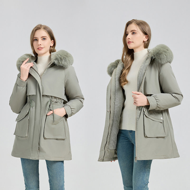 Damen Modische Pufferjacke mit abnehmbarem Kunstpelzkragen und funktionalen Taschen R&B