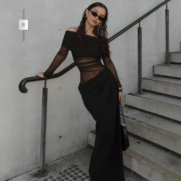 Damen Elegantes Off-Shoulder-Maxikleid mit transparenten Einsätzen und gerafftem Design R&B