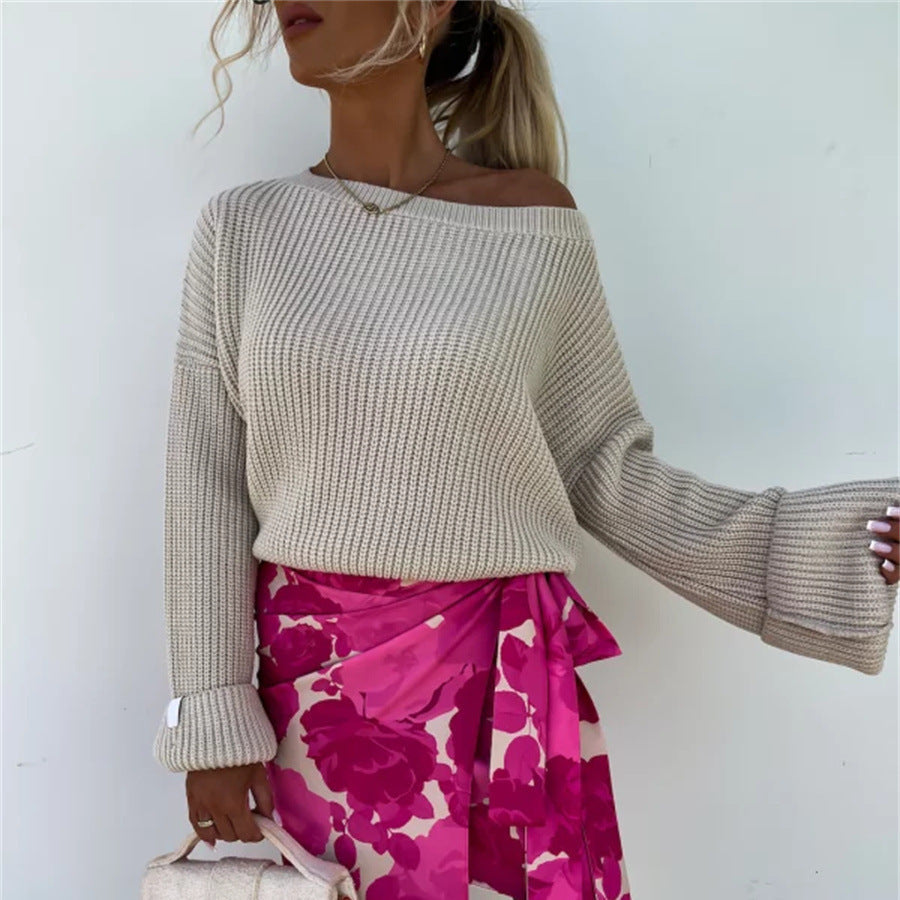 Damen gemütlicher Strickpullover mit weitem Schnitt und offener Schulter R&B