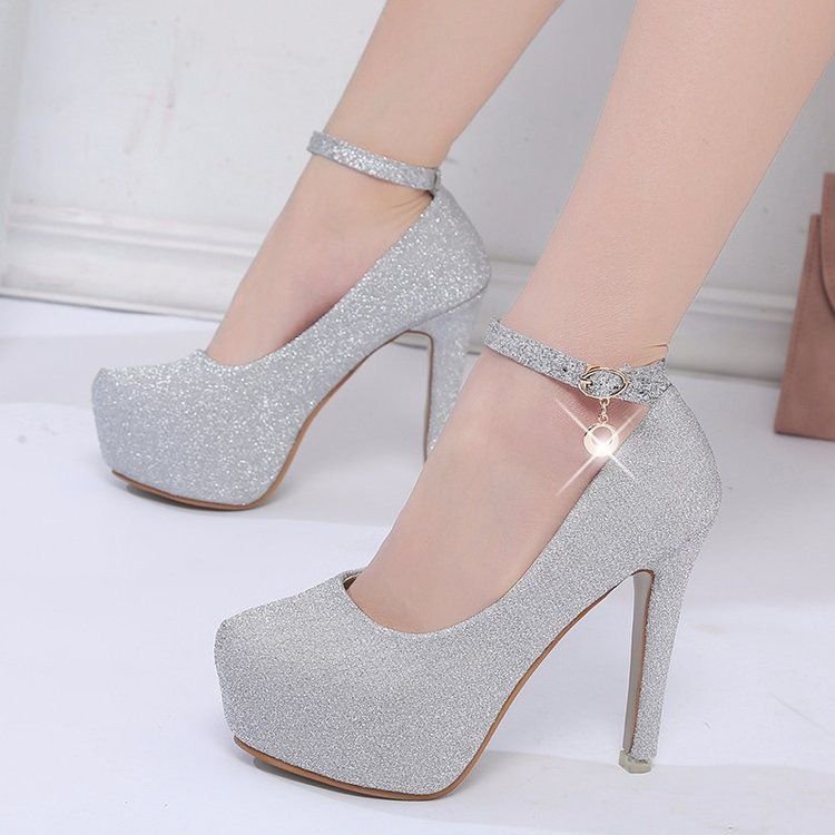 Damen Glitzernde Plateau-Pumps mit Feinem Riemchen und Elegantem Schmuckdetail R&B