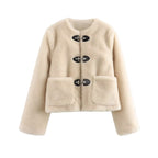 Damen Kuschelige Teddyjacke mit großen Taschen und dekorativen Verschlüssen