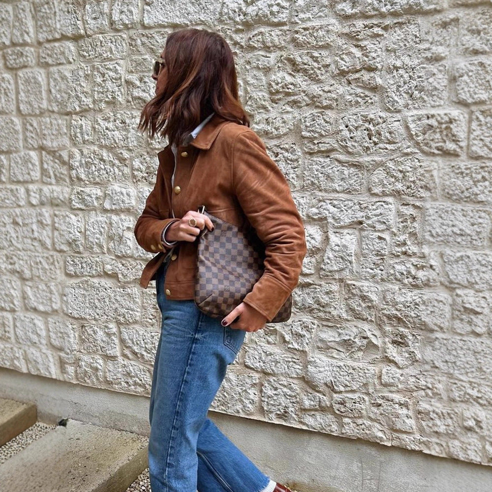 Damen Kunstlederjacke mit goldenen Knöpfen und modernem Schnitt R&B