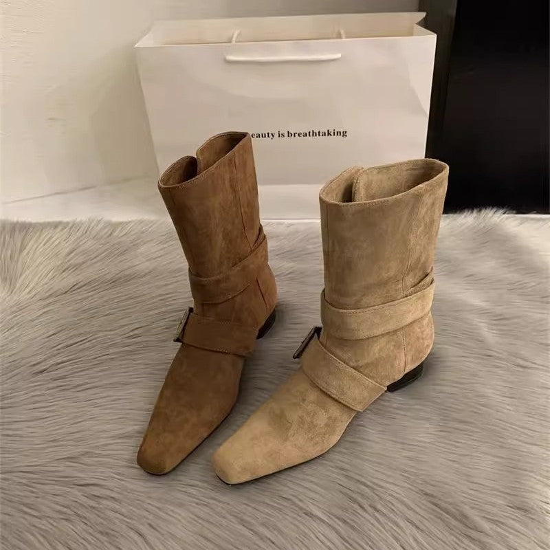 Damen elegante Stiefeletten aus hochwertigem Wildleder mit verstellbarem Riemen und spitzem Schnitt R&B