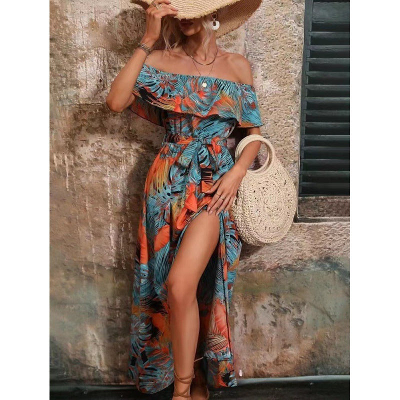 Damen Maxikleid mit Off-Shoulder-Ausschnitt und tiefem Schlitz R&B