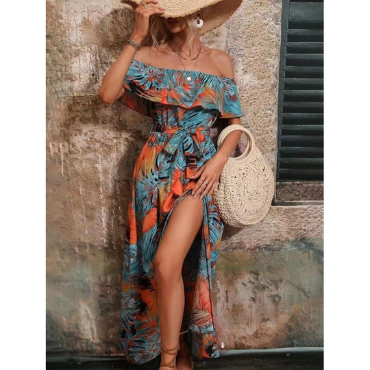 Damen Maxikleid mit Off-Shoulder-Ausschnitt und tiefem Schlitz R&B