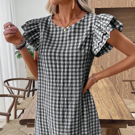Damen Kurzarmkleid im modernen Vichy-Design mit Rüschendetails R&B