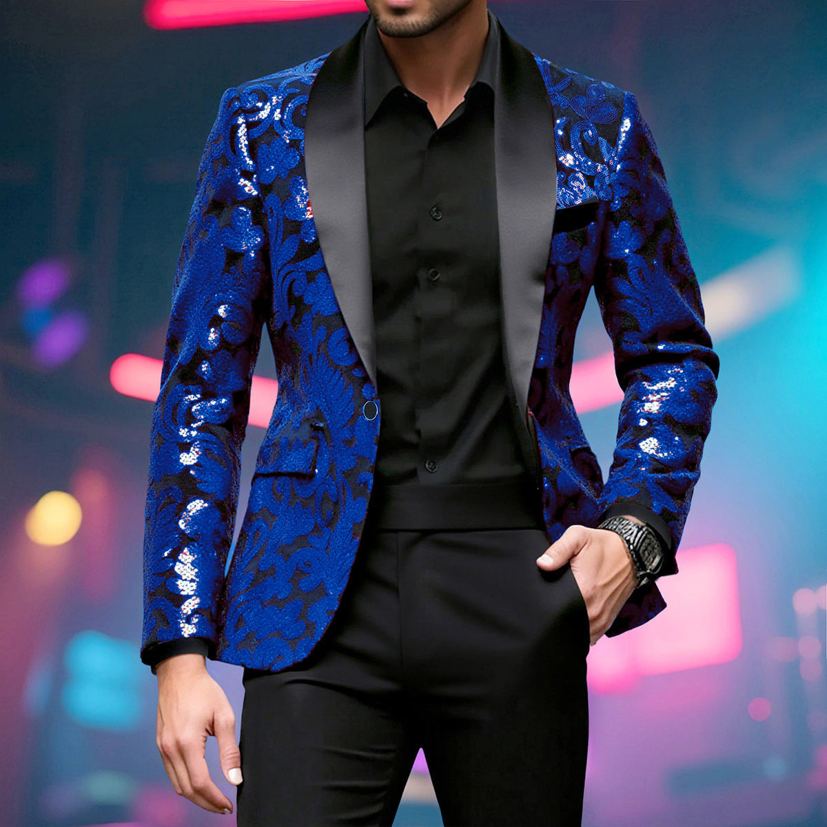 Herren glamouröser Pailletten-Blazer mit floralem Design und elegantem Schnitt R&B