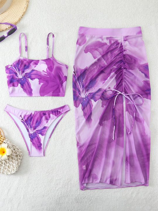 Damen Bikini-Set mit floralem Balconette-Oberteil und transparentem Wickelrock R&B
