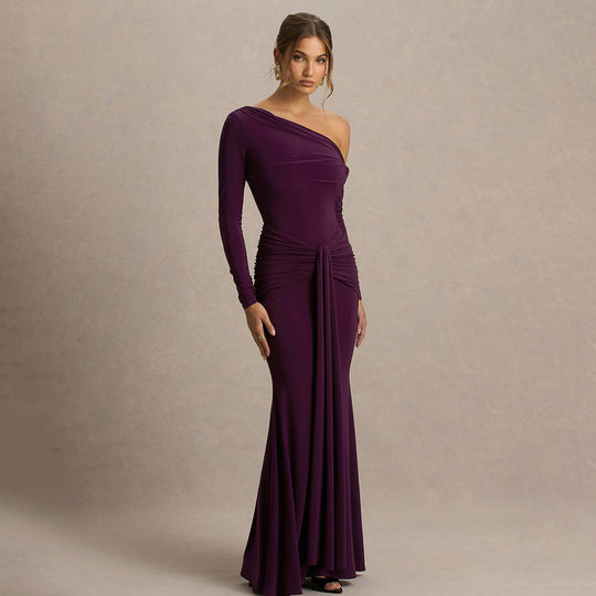 Damen figurbetontes Maxikleid mit asymmetrischem Design und Faltenwurf R&B
