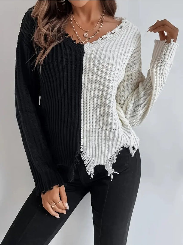 Damen Lässiger Strickpullover mit asymmetrischem Design und Fransen R&B