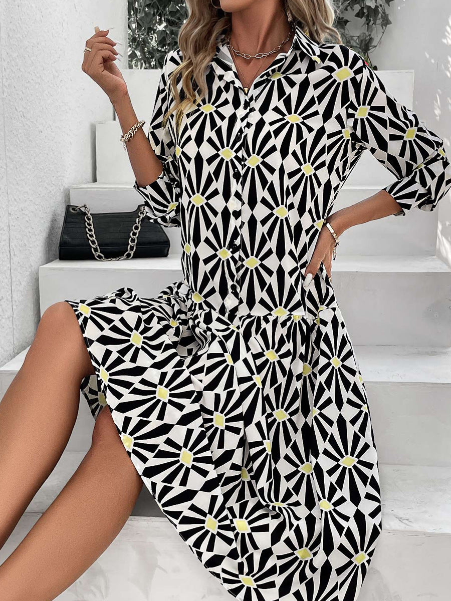 Damen Hemdblusenkleid mit modernem geometrischen Muster R&B