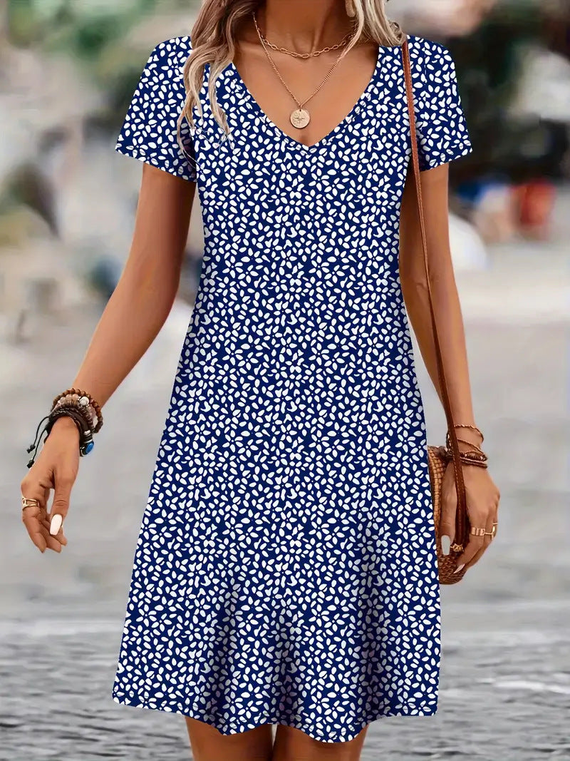 Damen V-Ausschnitt Freizeitkleid mit Blättermuster R&B