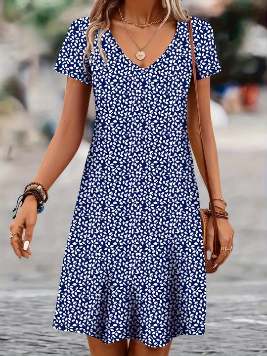 Damen V-Ausschnitt Freizeitkleid mit Blättermuster R&B