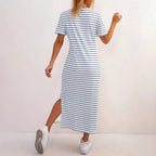 Damen Maxikleid mit seitlichen Schlitzen und gestreiftem Design R&B