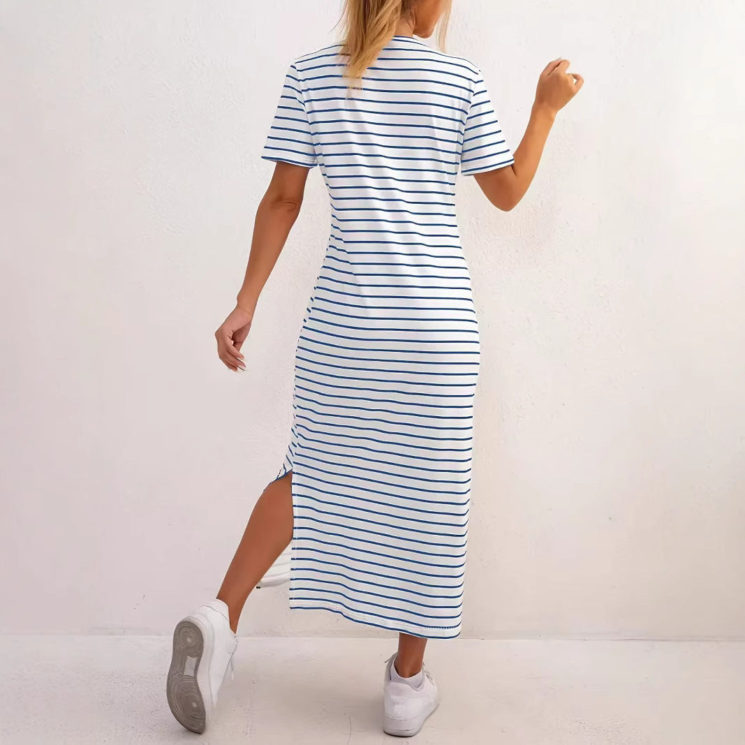 Damen Maxikleid mit seitlichen Schlitzen und gestreiftem Design R&B