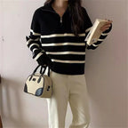 Damen Modischer Strickpullover mit Zip und gestreiftem Design