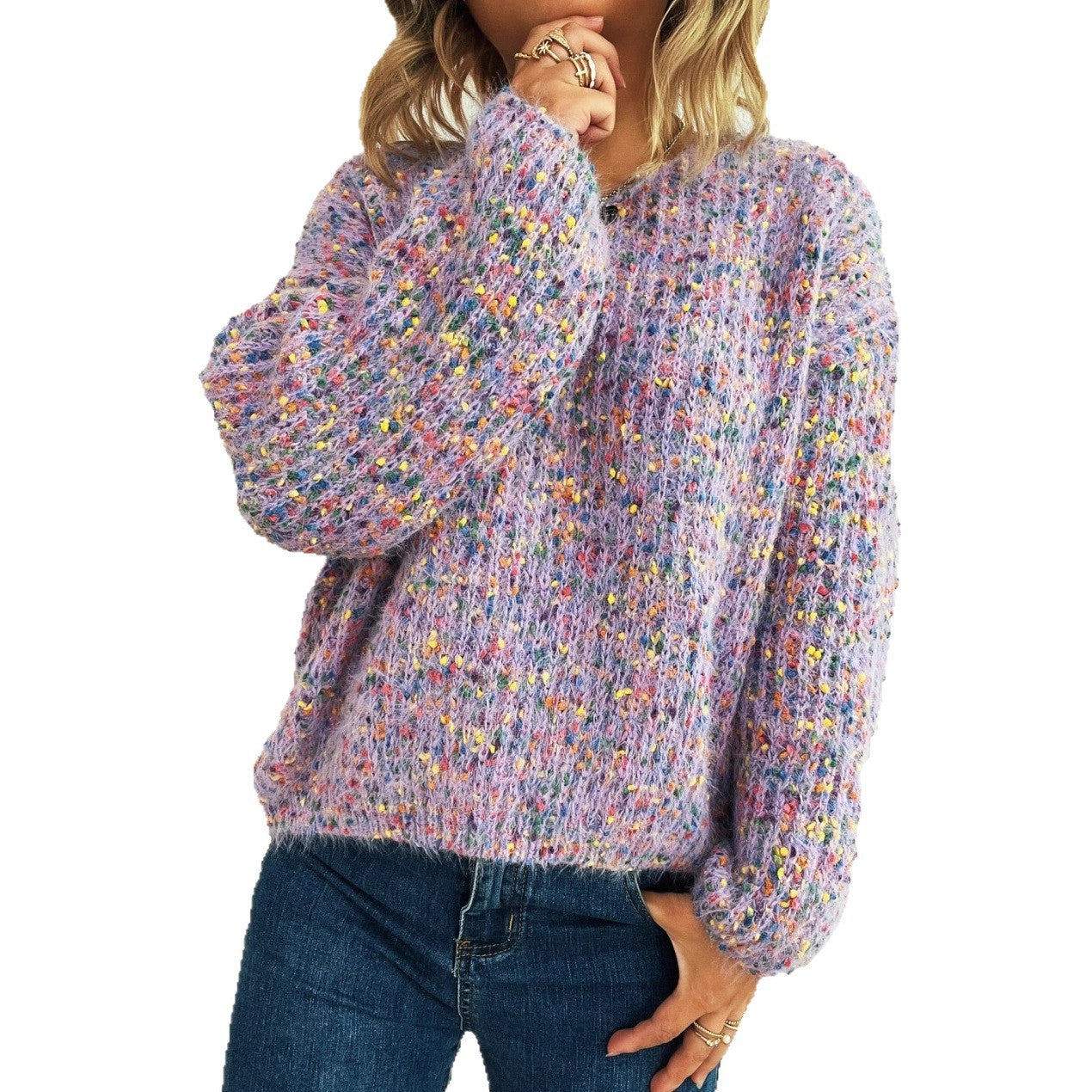 Damen komfortabler Strickpullover mit buntem Strukturmuster und weit geschnittenen Ärmeln R&B