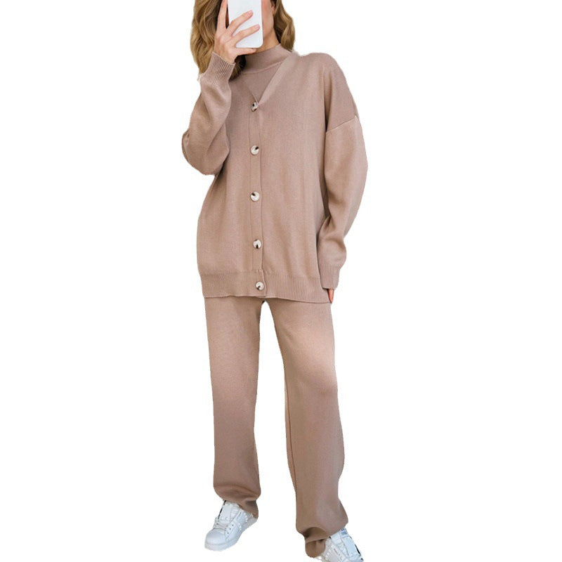Damen elegantes Strick-Lounge-Set mit hohem Kragen und weiter Passform R&B