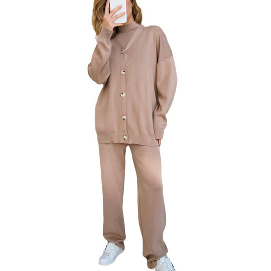 Damen elegantes Strick-Lounge-Set mit hohem Kragen und weiter Passform R&B