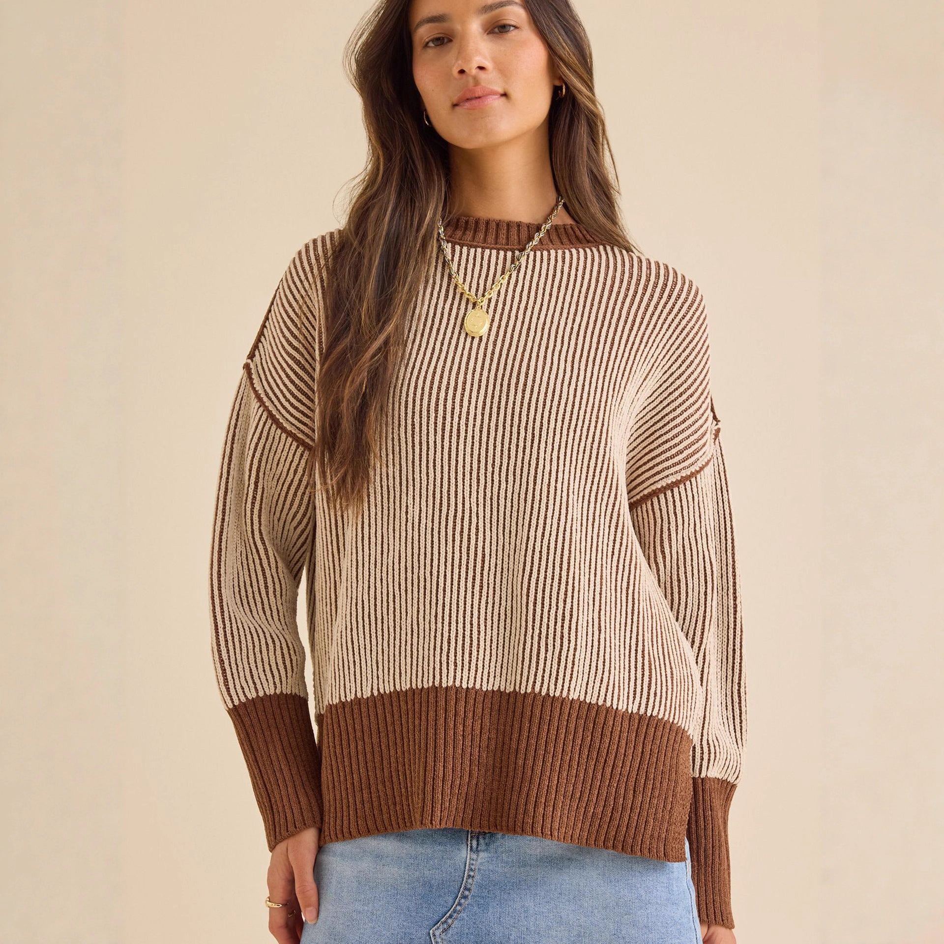 Damen lässiger Strickpullover mit modernem Rippenmuster und überschnittenen Schultern R&B