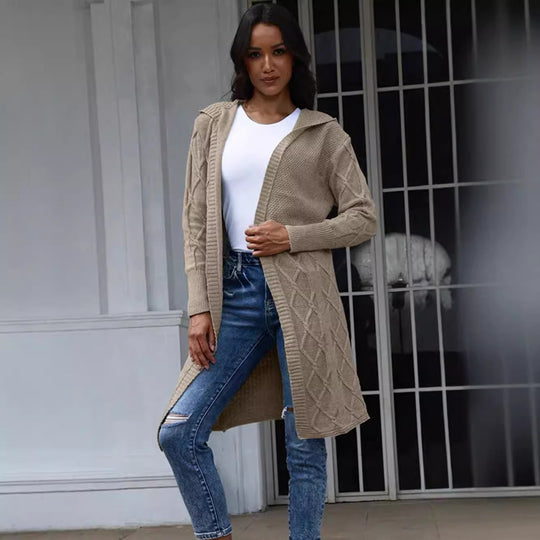 Damen Strickjacke mit Kapuze und eleganten Zopfmuster R&B