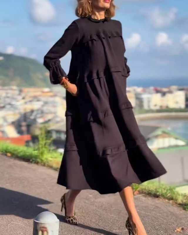 Damen nan kastiges Stufenmidikleid mit Rüschenkragen, gerafften Manschetten und verdeckten Seitentaschen R&B